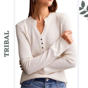 Tribal Cream Waffle Knit Henley Extra Small XS NWT